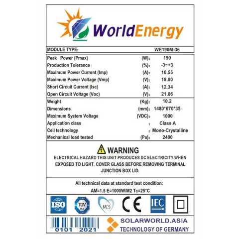 Tấm pin Mono World Energy (WE190W-36)