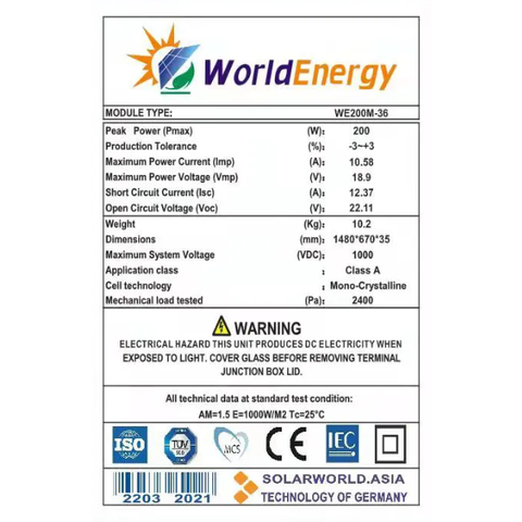 Tấm pin Mono World Energy (WE200W-36)